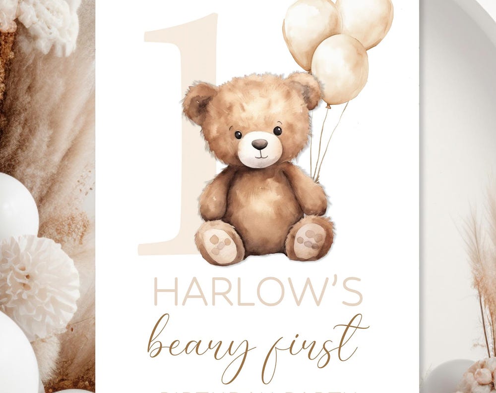 Personalised Beige Beary First Birthday Party Welcome Sign - A1, A2, A3 or A4