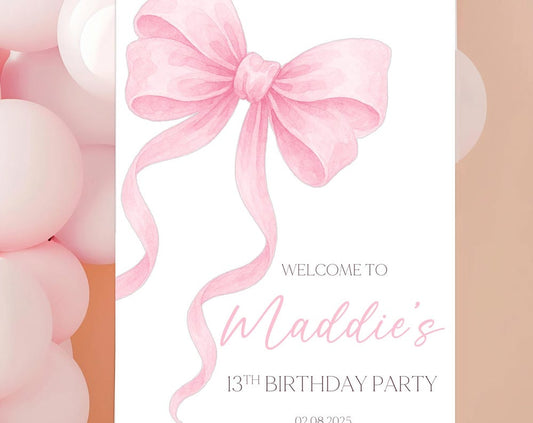 Personalised Pink Bow Birthday Party Welcome Sign - A1, A2, A3 or A4
