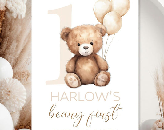 Personalised Beige Beary First Birthday Party Welcome Sign - A1, A2, A3 or A4